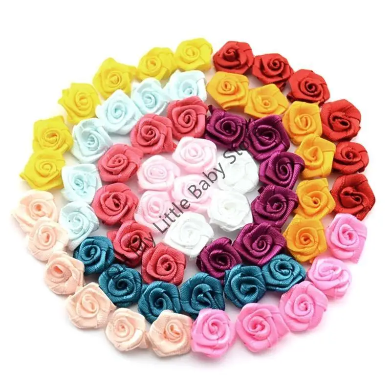 M76C 100 Uds mezcla colores cinta raso apliques flores parches multicolores boda
