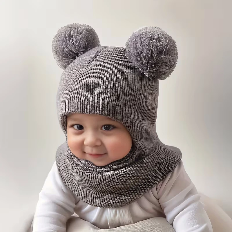 Gorro de punto para niño con protección de orejas y cuello – Doble pompón - imagen 5