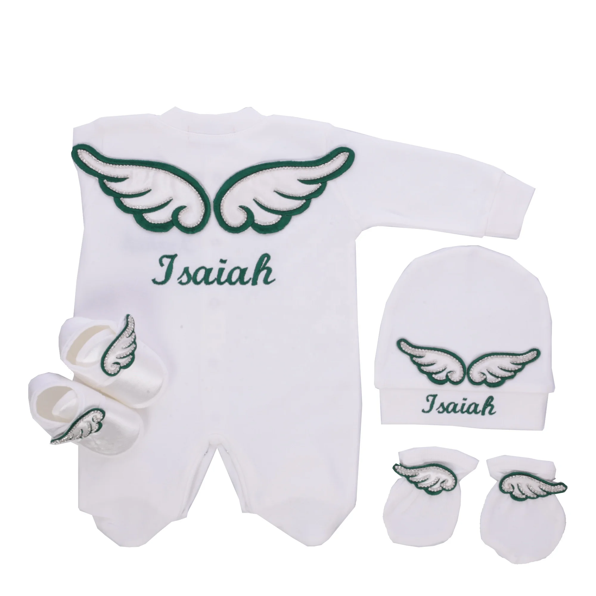 Dollbling, 4 Uds., trajes con alas, cualquier nombre, conjunto de regalo personalizado con bordado de madera dulce, pijamas para bebé, sombrero, vestido Ceremonial de bienvenida a casa