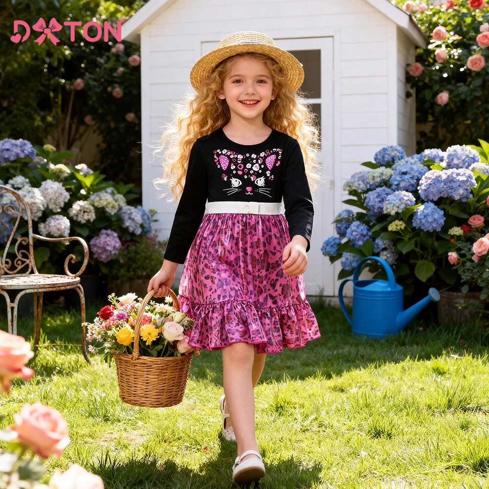 Vestido infantil DXTON manga larga estampado leopardo con gato