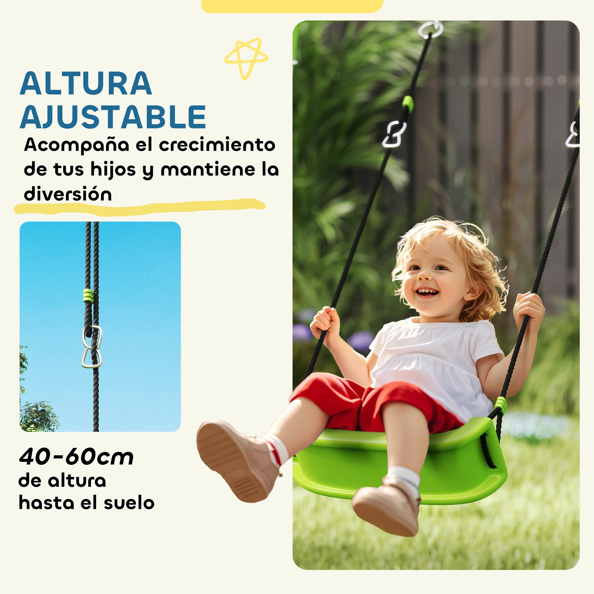 AIYAPLAY Columpios para Niños de +3 Años 4 en 1 Columpios Jardín Exterior con Columpio Planeador Portería de Puntería y Aro de Baloncesto Verde - imagen 5