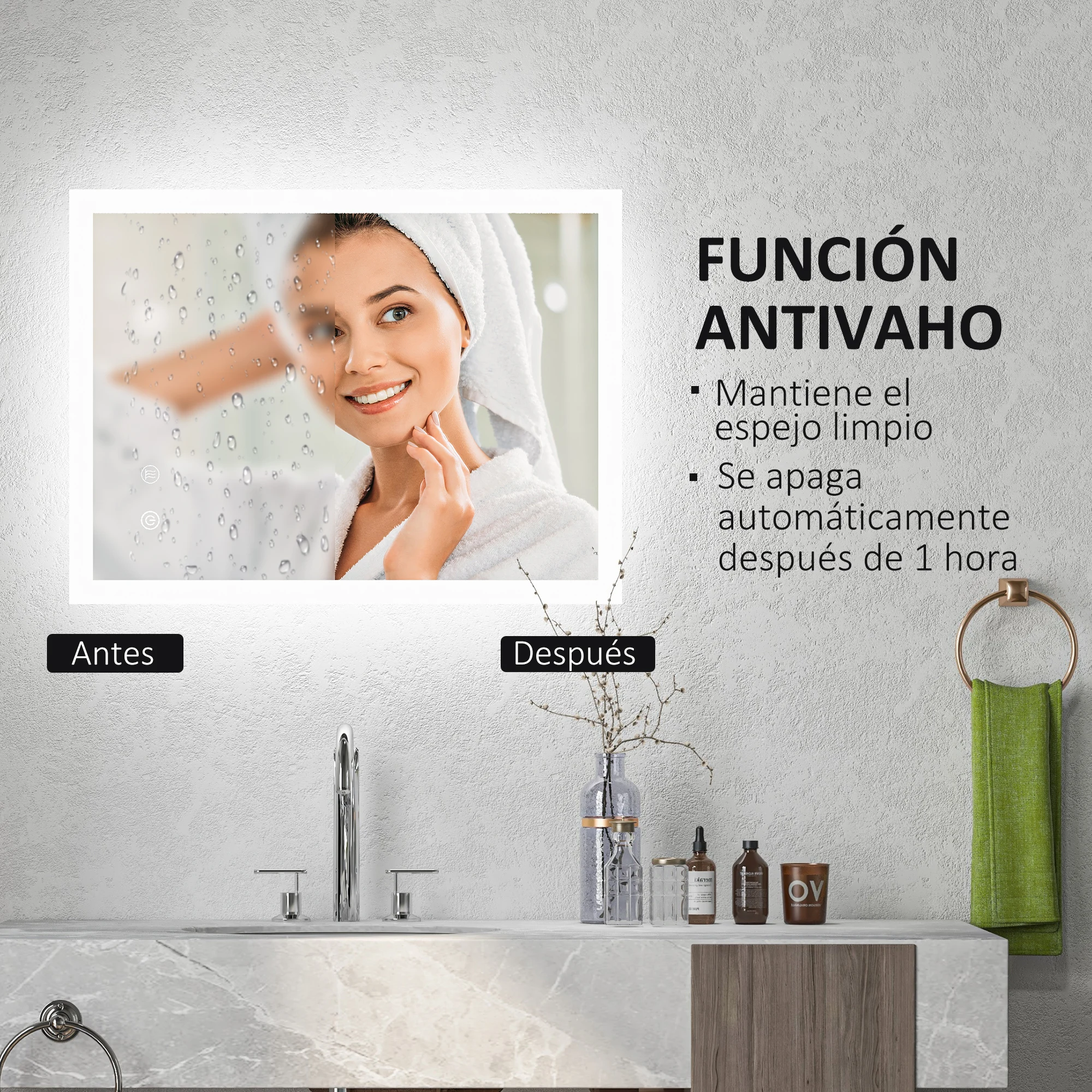 kleankin Espejo de Baño con Luces LED 70x50 cm Espejo de Pared Antivaho con Luces Retroiluminado 3 Colores Función de Memoria Interruptor Táctil IP44 Horizontal o Vertical Plata - imagen 5