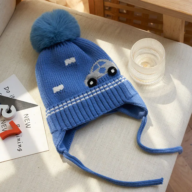 Gorro de bebé de dibujos animados con cuerda a prueba de viento, pompón, gorros tejidos para niños, gorro de lana para niñas pequeñas, accesorio infantil de invierno de 1 a 4 años - imagen 5