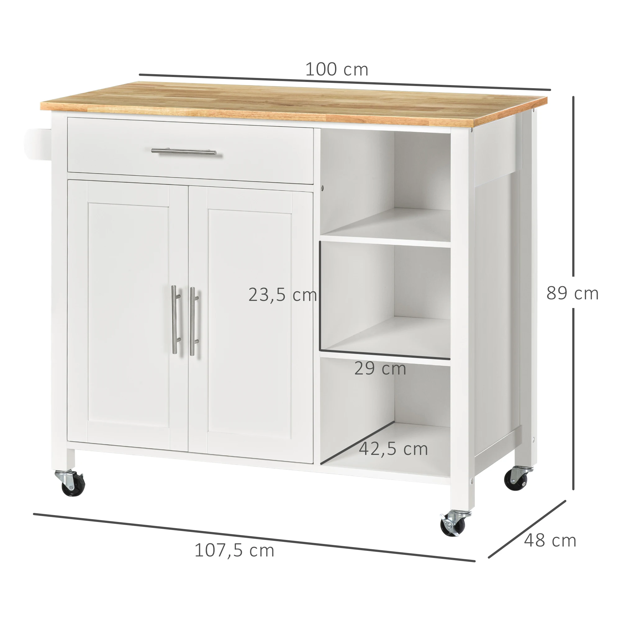 HOMCOM Isla de Cocina con Ruedas Mueble Auxiliar de Cocina con 1 Cajón 2 Puertas 3 Estantes Abiertos y Barra Lateral para Comedor 107,5x48x89 cm Blanco - imagen 3