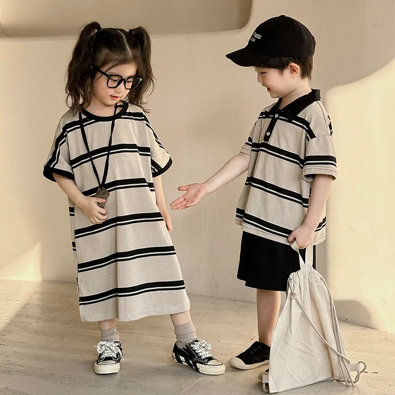 Ropa de hermano y hermana, vestido holgado a rayas para niñas o niños, camiseta de manga corta, pantalones cortos, conjunto para niños - imagen 4