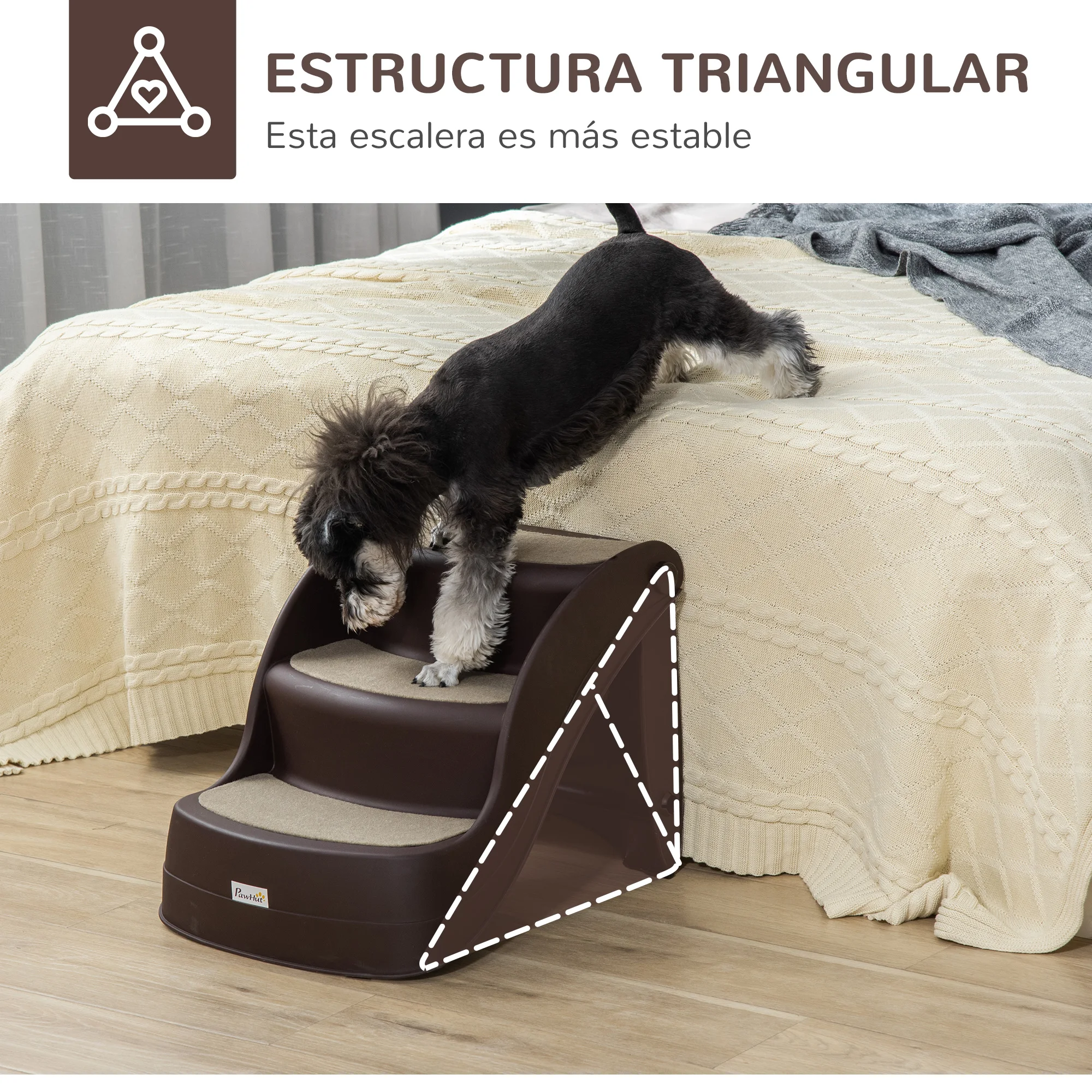 PawHut Escalera para Perros de 3 Peldaños Plegable Escalón de Plástica para Mascotas con Alfombras Antideslizantes para Cama Sofá Carga 15 kg 49x38x38 cm Marrón - imagen 4