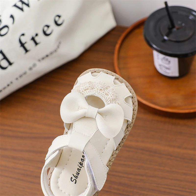 Zapatos informales de verano para niños, sandalias de playa para niñas, sandalias antideslizantes de suela blanda para bebés, zapatos de princesa con lazo de encaje recortados - imagen 4