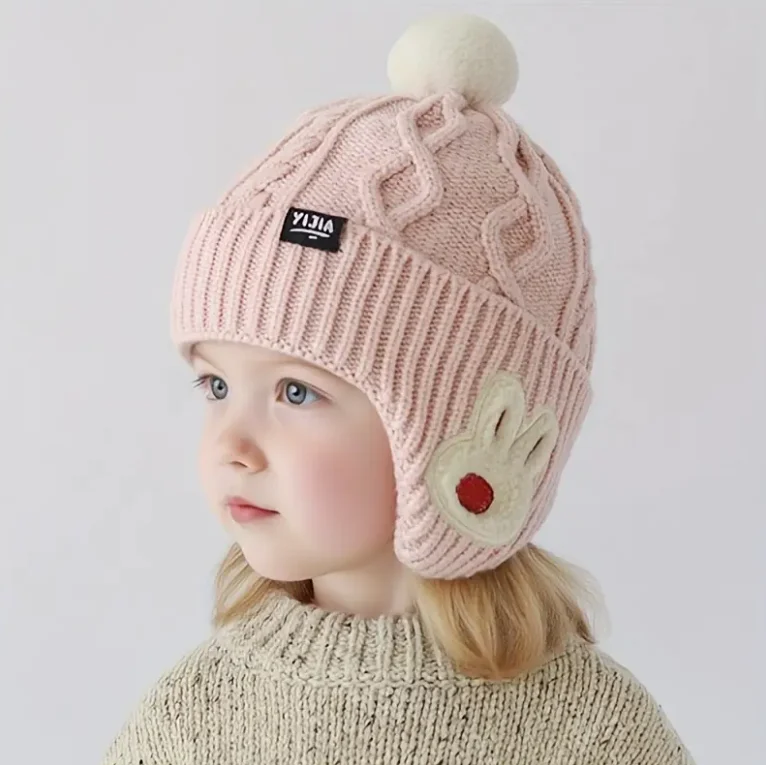 Gorro pompón con orejeras de punto acrílico infantil