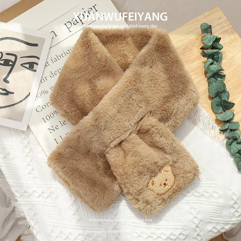 Bufanda bonita de oso para bebé, bufandas cálidas de invierno para niños y niñas, Protector de cuello de piel de conejo de imitación, bufanda cruzada de felpa suave, accesorios para niños - imagen 3