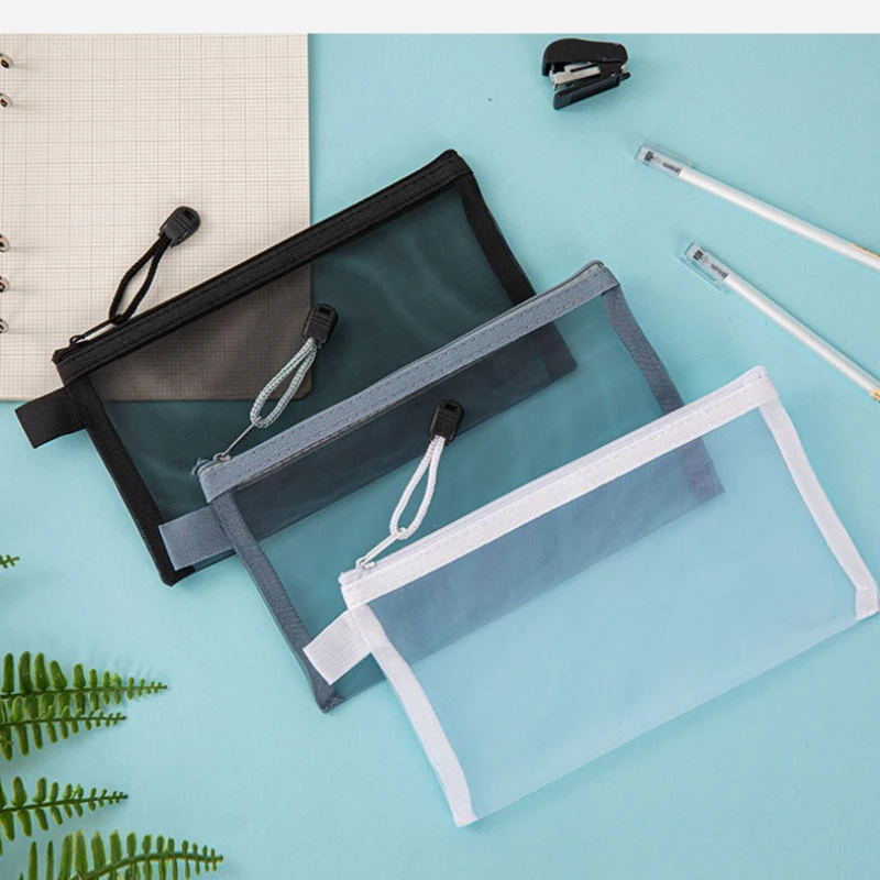 Estuche para lápices con cremallera transparente de nailon, bolsa de papelería transparente con cremallera de Color sólido, estuche de viaje, bolsa de maquillaje para volver a la escuela - imagen 5