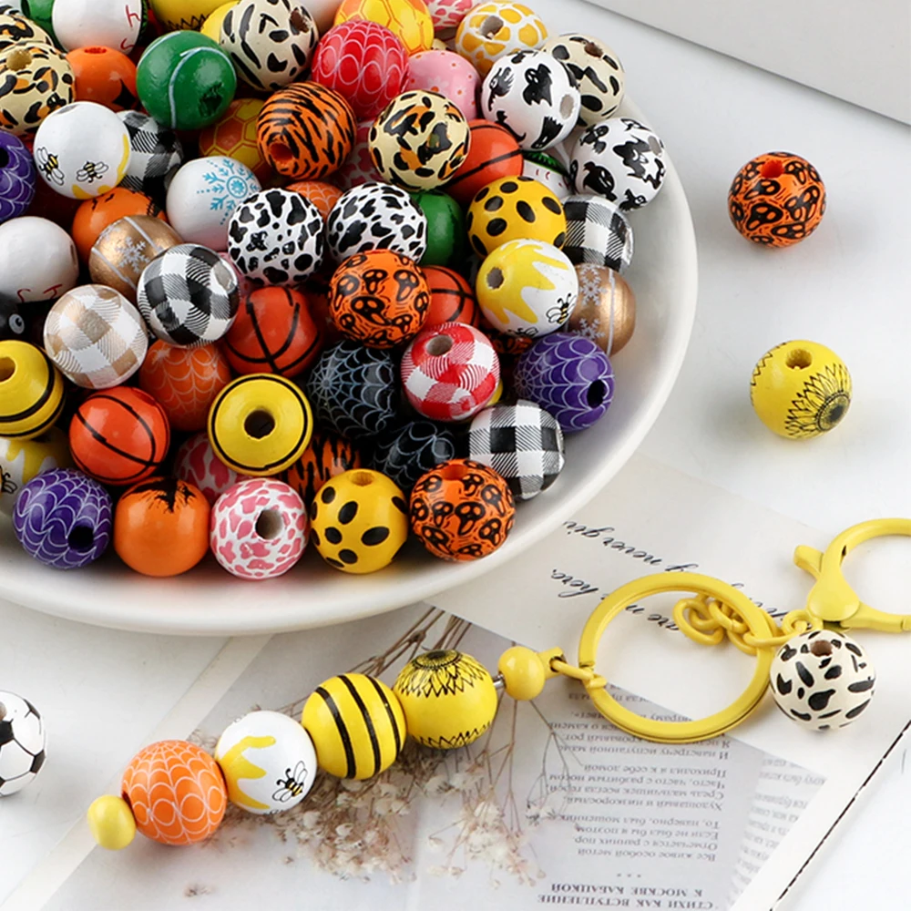 Kovict 30 unids/lote 16mm flor redonda abejas sandías pintura cuentas de madera cuentas sueltas Woodne para la fabricación de joyas accesorios de pulsera - imagen 2