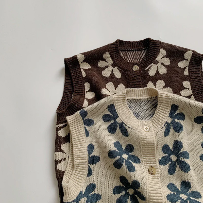 Chaleco tejido para bebé, cárdigan sin mangas con flores Retro para niñas y niños, suéter de otoño para niños, ropa para niños, ropa de moda para bebés - imagen 2