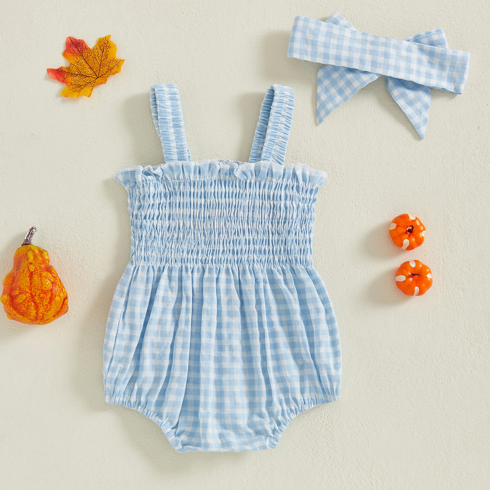 VISgogo Traje de Halloween para niña de 0 a 18 meses, a cuadros, con bordado de calabaza, sin mangas, mameluco general ahumado, diadema, conjunto de 2 piezas - imagen 4