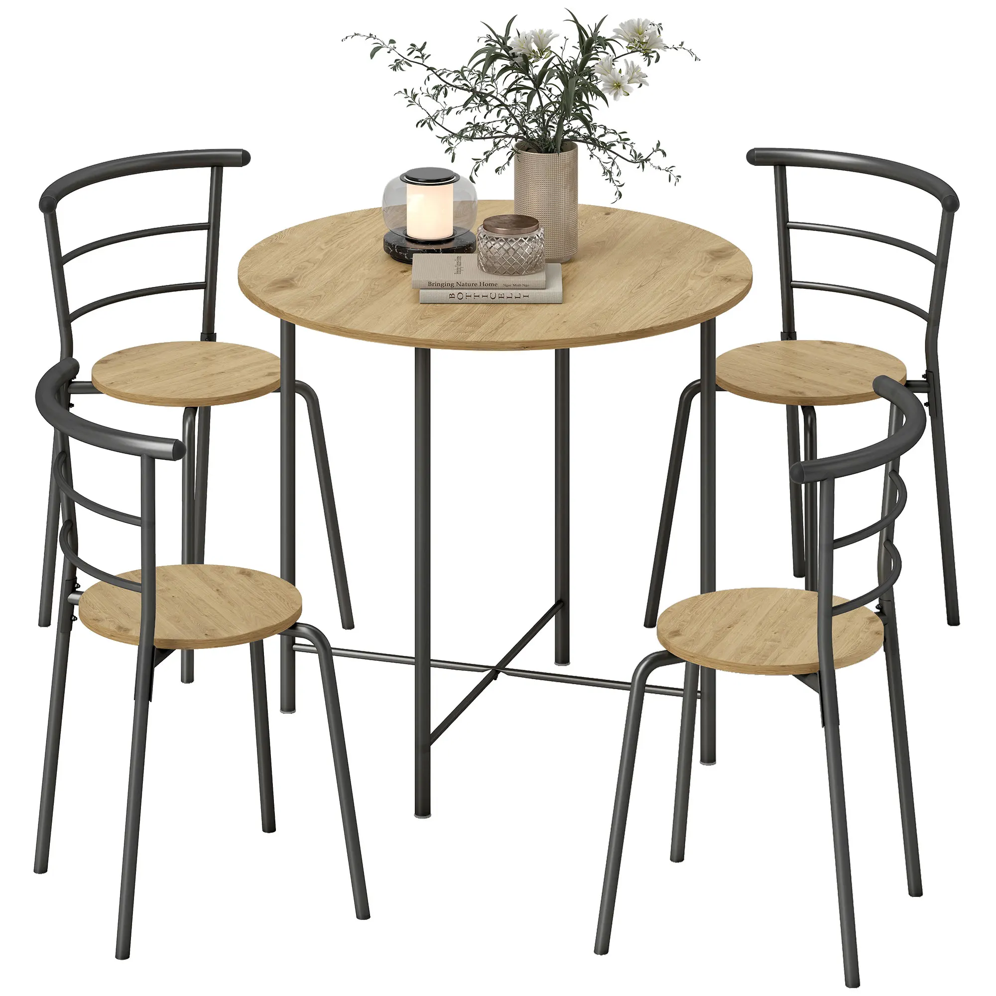 HOMCOM Juego de Mesa y Sillas de Comedor, Mesa de Cocina Redonda con 4 Sillas, Estilo Industrial, Marco Metálico, para Espacios Pequeños, Salón, Natural