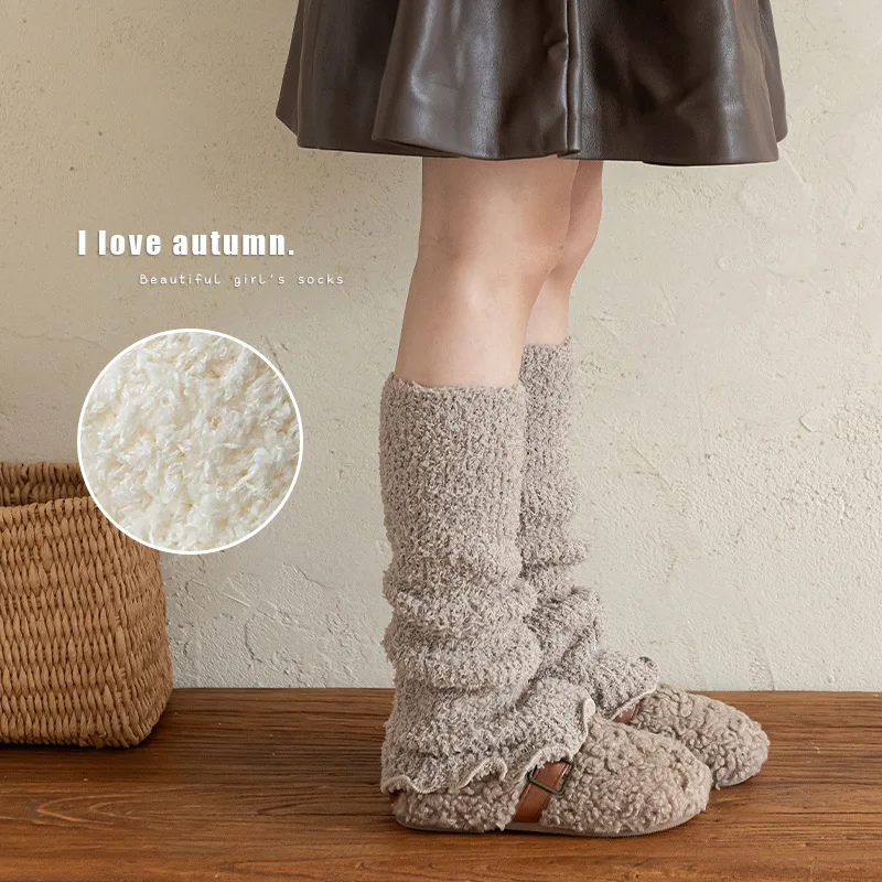 Calentadores de piernas coreanos para niños y niñas, calcetines holgados térmicos gruesos de Color sólido para invierno, calcetines apilables de altura de pantorrilla, calcetines de mezcla de algodón suave - imagen 4