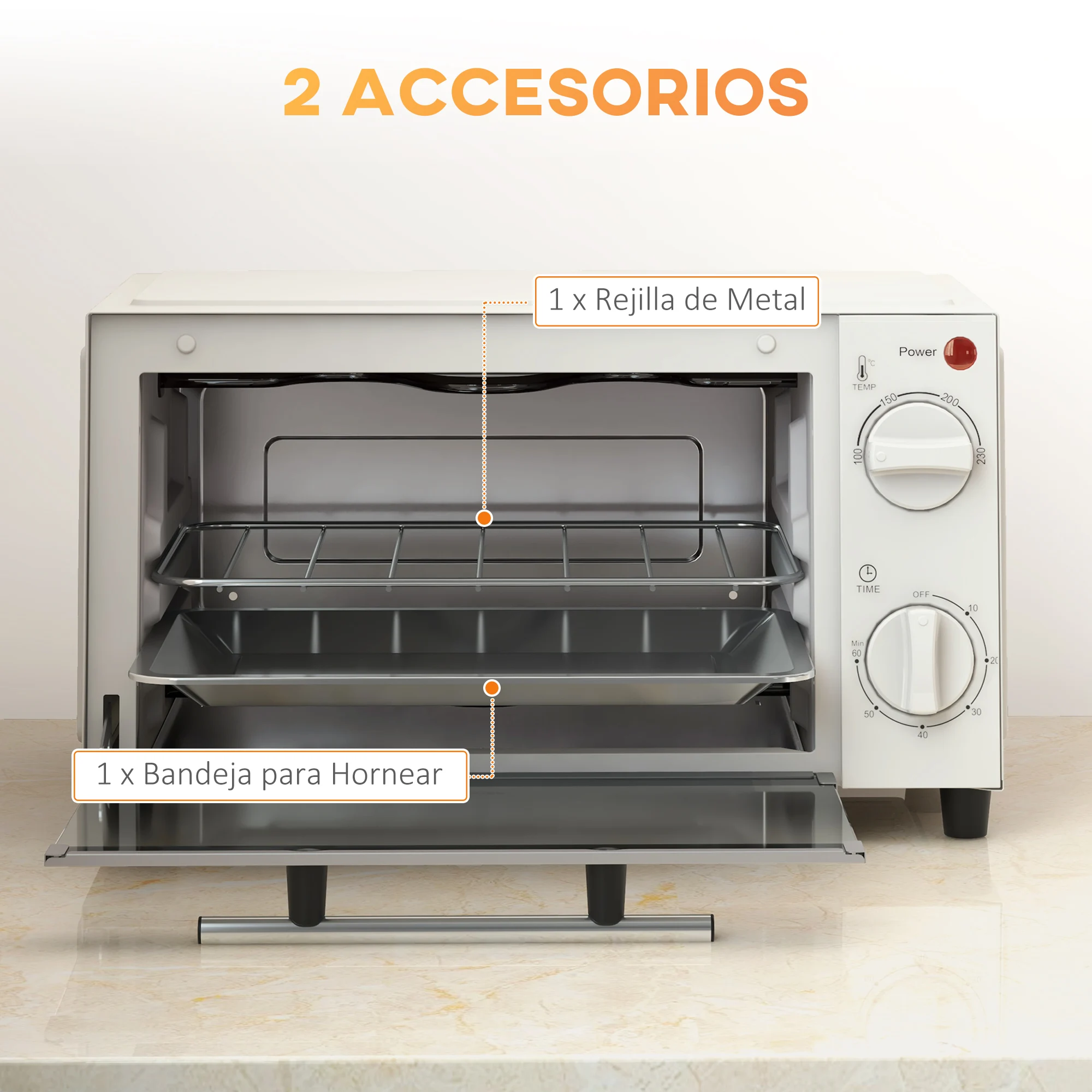 HOMCOM Horno Eléctrico de Sobremesa Horno Sobremesa de 9L 750W con Temperatura Ajustable hasta 230°C Temporizador 60min y Bandeja para Hornear Parrilla Crema - imagen 5