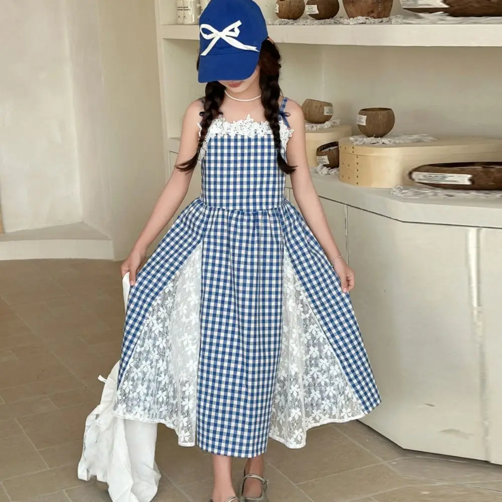 Vestido elegante a cuadros de princesa para niña, vestido de malla de encaje con tirantes para adolescentes, falda holgada sin mangas para niños, vestidos de verano - imagen 5