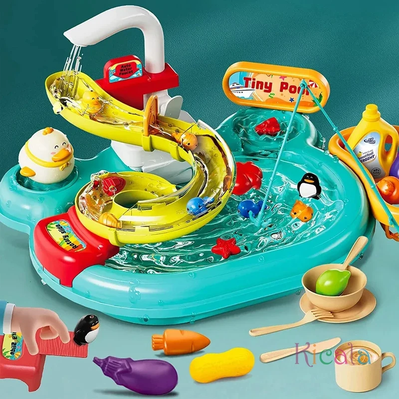 Cocinas juegan comida fregadero de cocina juguetes 3 en 1 juguetes de piscina de pesca juguetes de juego de rol para niños niñas - imagen 2