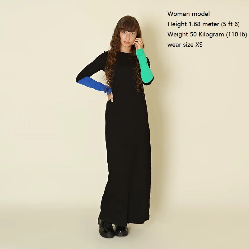 Aa-vestido de invierno sin mangas para mujer, camiseta acanalada negra, Mangas de bloque de color, camisa superior, cuello redondo grande, vestido acanalado