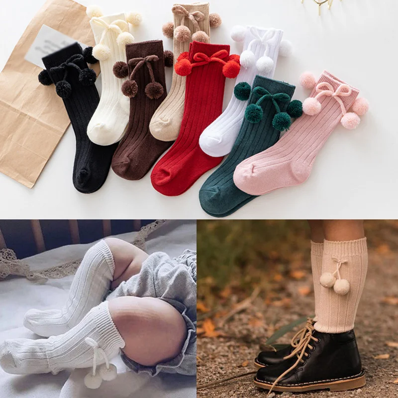 Calcetines hasta la rodilla con bola bonita para niñas pequeñas, calcetines de princesa de estilo dulce de tubo para niños, calcetín tejido, calentador de piernas de 0 a 3 años - imagen 3