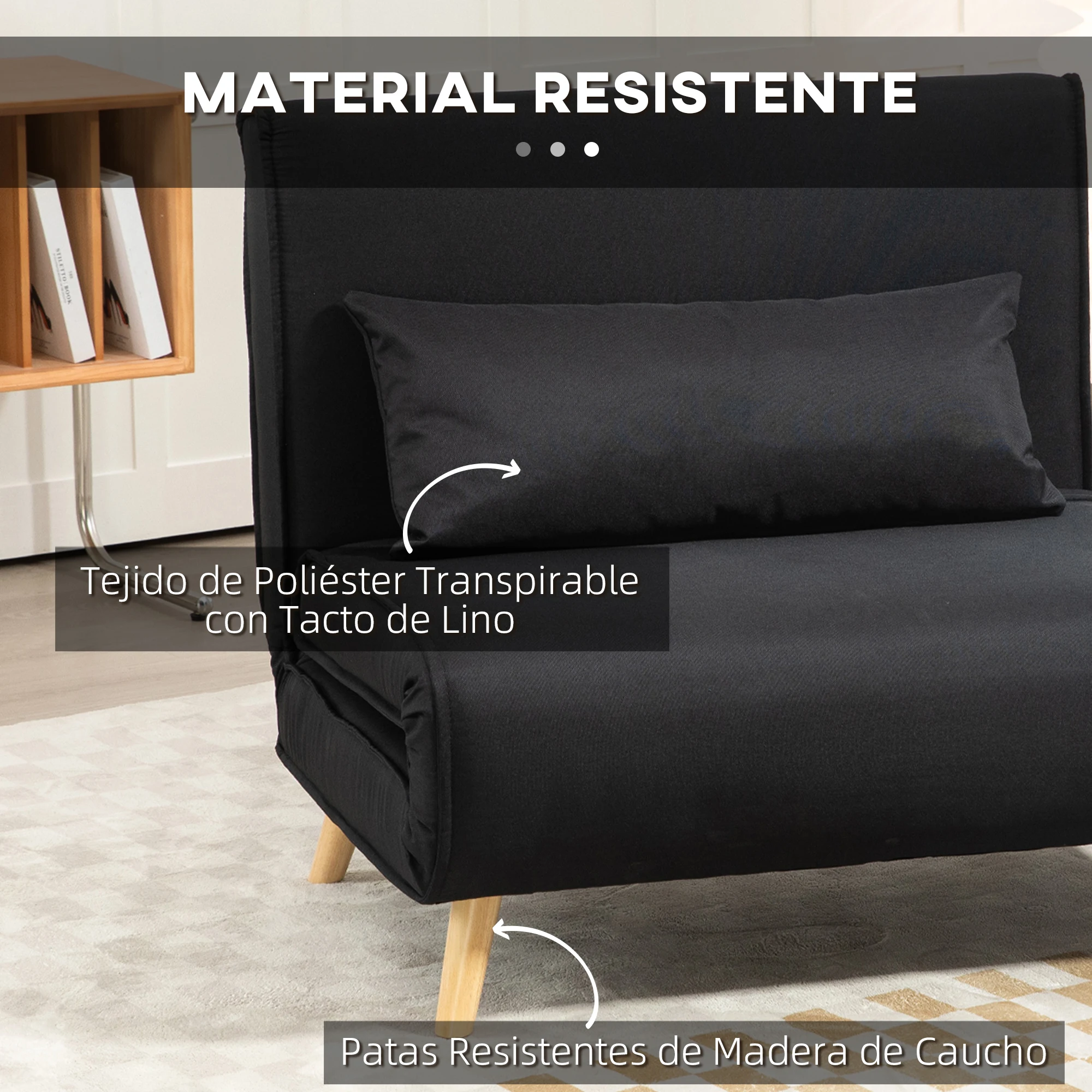 HOMCOM Sofá Cama Individual 3 en 1, Sillón Cama Plegable con Respaldo Ajustable en 6 Posiciones, Asiento Amplio, Almohada Acolchada, Patas de Madera, Carga 350 kg, 94x78x80 cm, Negro - imagen 5