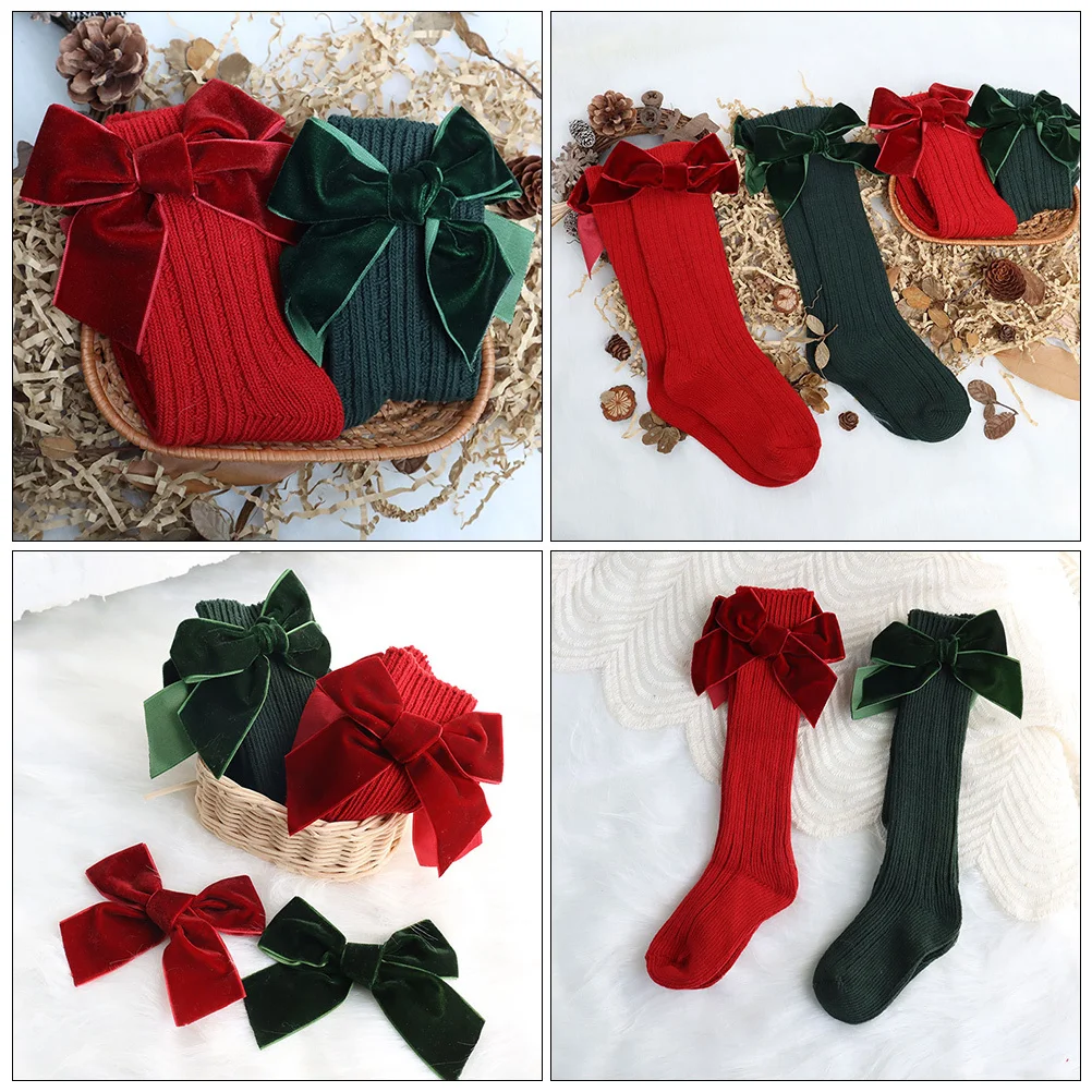 1 par de medias de Color sólido para niños, calcetines cálidos elásticos de algodón con lazo a media pantorrilla, calcetines de invierno y otoño, medias para niños - imagen 3