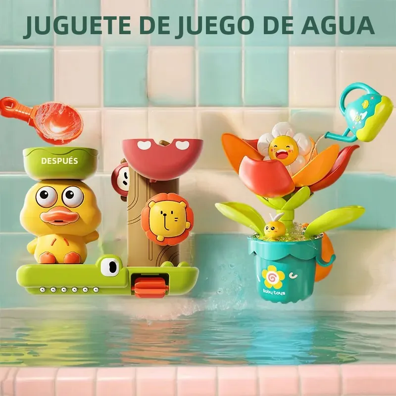 2025 Juguete de baño para bebé, juego de agua en forma de pato/flor, rueda de agua de León, diversión para niños en la bañera de ducha con ventosa, regalo para niños