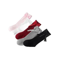 Calcetines de algodón sin costuras para niña con volantes y lazo