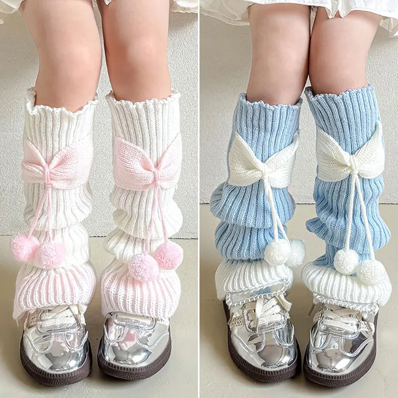 Calcetines sueltos coreanos Kawaii con bonito lazo para niños y niñas, calentadores de piernas con lazo de Lolita, mallas escolares cálidas de algodón y lana tejidas para niños