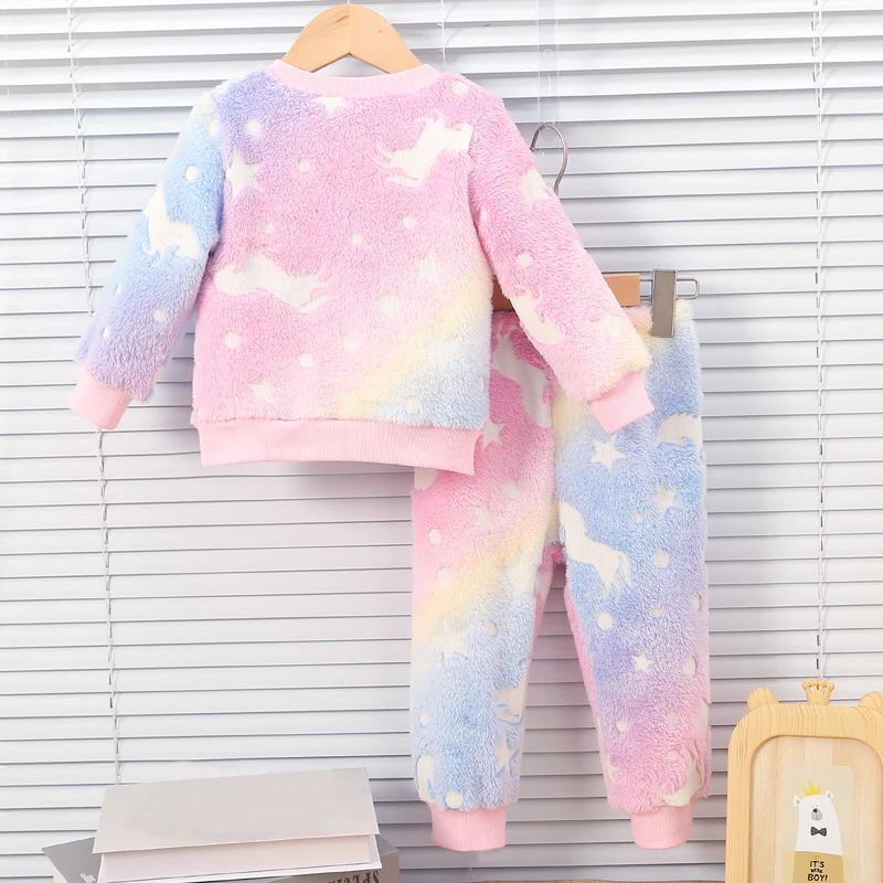 Conjunto de pijama cálido para bebé, ropa fluorescente de noche de felpa de color para otoño e invierno, accesorios para niños a la moda - imagen 2