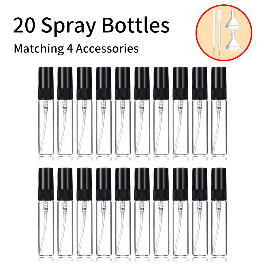 Spray de perfume 5 ml Mini 20 piezas 4 accesorios Botellas de vidrio con 20 botellas de spray, 2 embudos, 2 cuentagotas