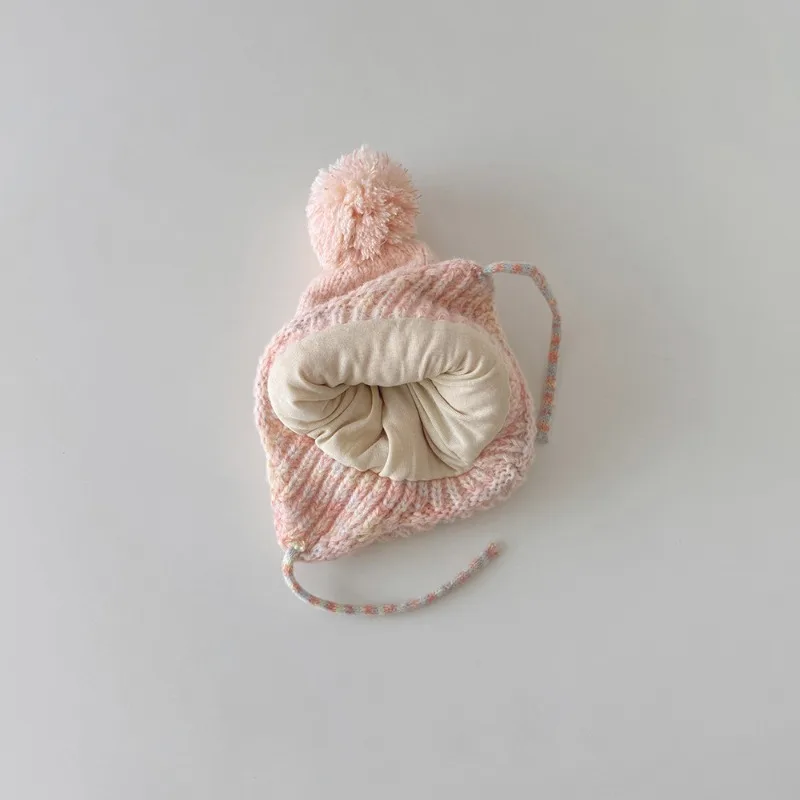 Gorro de invierno coreano para niños con pompón, gorro tejido a prueba de viento con orejeras para bebé, gorro cálido para medias de bebé para niñas pequeñas - imagen 4