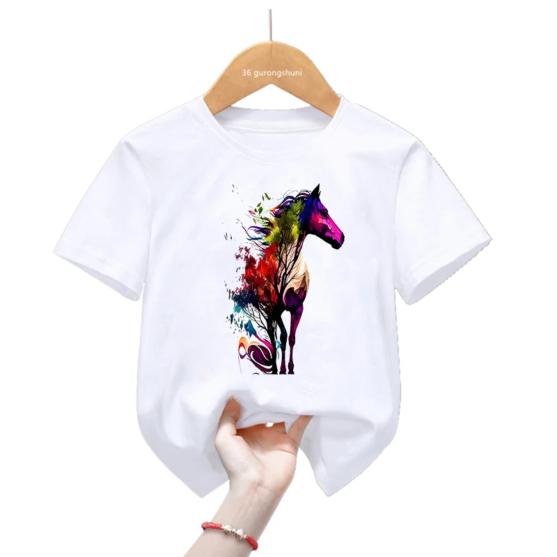 Camiseta con estampado de animales y caballos de acuarela para niñas, ropa Harajuku Kawaii para niños, camiseta de manga corta a la moda de verano