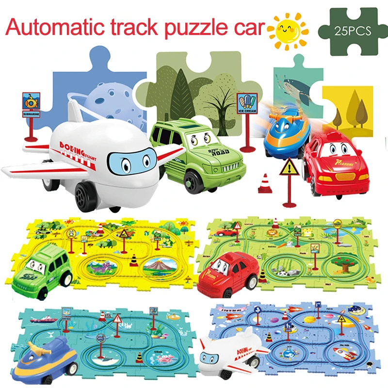 Juego de juguetes Puzzel, coche ferroviario DIY, rompecabezas de montaje, pista ferroviaria Flexible, juguete de interacción entre padres e hijos, rompecabezas de coche eléctrico, juguetes, regalos