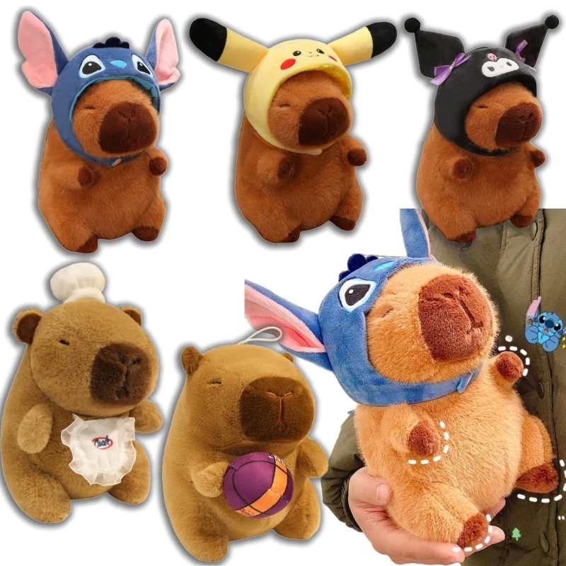 22cm dibujos animados Pikachu Stitch Kuromi sombrero Capibara juguete de peluche Capibara Animal relleno Capibara suave con muñeco de peluche de baloncesto