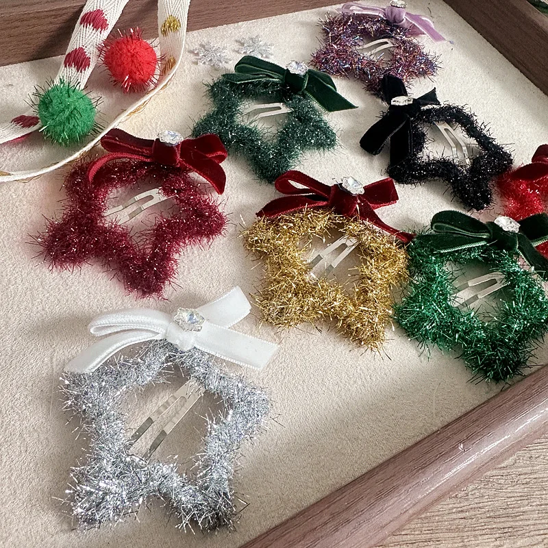 Pinzas para el cabello de Navidad con forma de estrella, pasadores de copo de nieve de terciopelo con hilo brillante, pinzas para el cabello laterales bonitas para niñas, Clips Kawaii BB, regalo - imagen 2