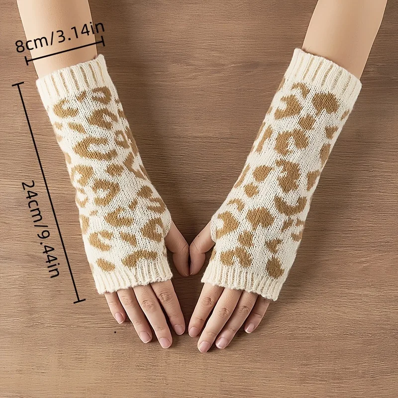 2026 Nuevos guantes de punto con estampado de leopardo para mujer: color beige, tela de poliéster suave, sin pantalla táctil, uso diario cálido y moderno - imagen 3