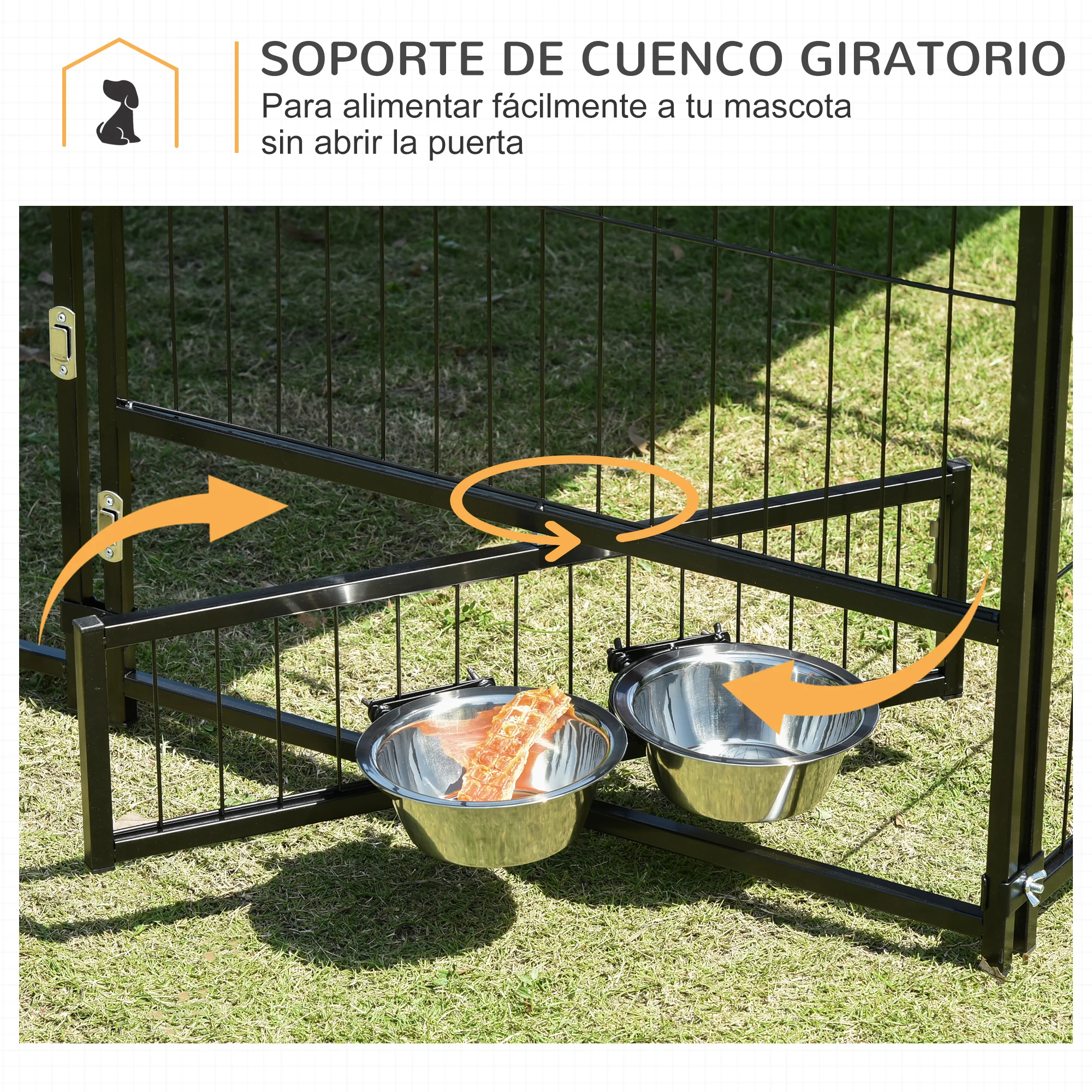 PawHut Perrera con Toldo Parque para Perros Metálica de Exterior con Soporte Giratorio para Comida 2 Cuencos para Patio Jardín Terraza 141x141x151 cm Negro - imagen 5