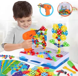 Juego de taladro eléctrico para niño, juguete educativo de bricolaje con tornillos en 3D para perforar, mosaico creativo, puzle, bloques de construcción para niños