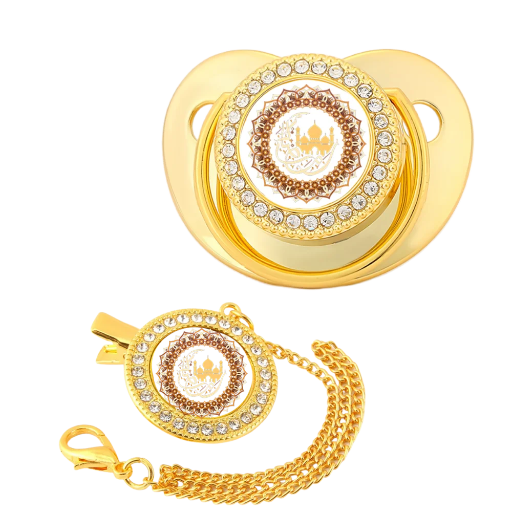Colgante dorado de dibujos animados para bebé musulmán recién nacido, clip para chupete, soporte de cadena, dientes, juguete Kawaii para bebé, regalo para masticar la boca