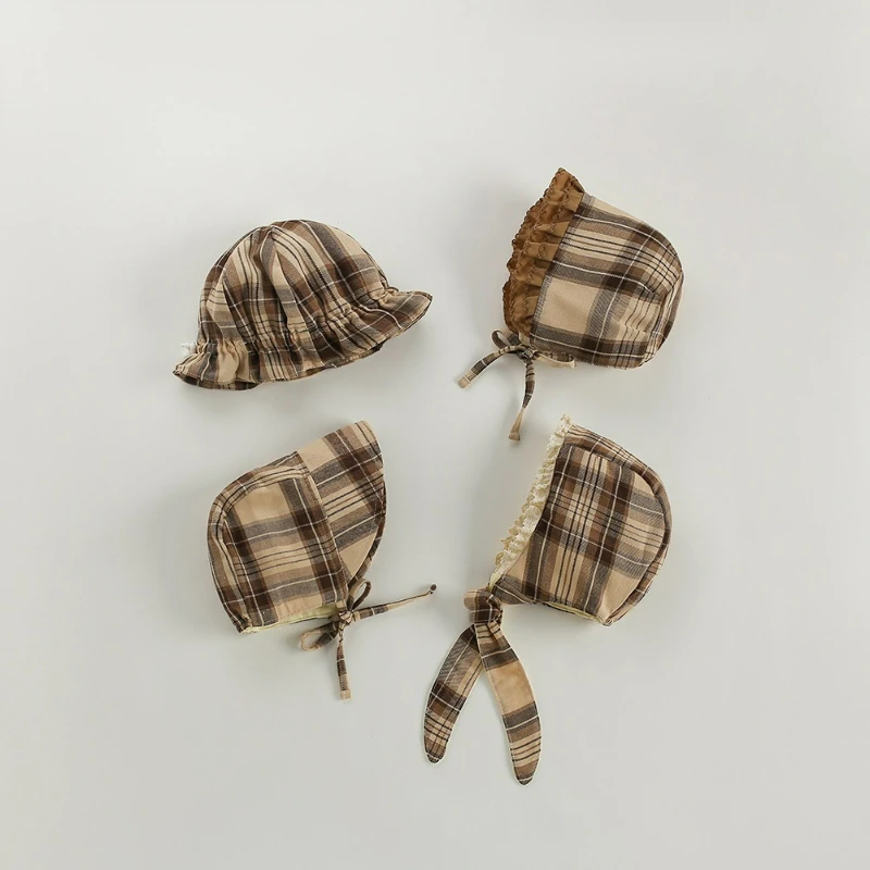 Sombrero de pescador de palacio de algodón cepillado británico, sombrero para la cabeza de bebé de encaje a cuadros vintage de otoño, protección suave para los oídos para niños y niñas - imagen 3