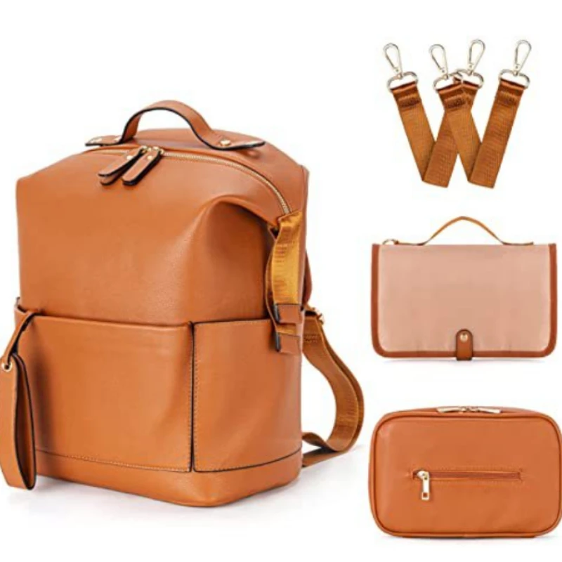 BE19: Bolsa de pañales 7 en 1, mochila de maternidad de cuero PU, bolsa de viaje para bebé de gran capacidad, bolsas para cochecito con cambiador, mamá - imagen 5