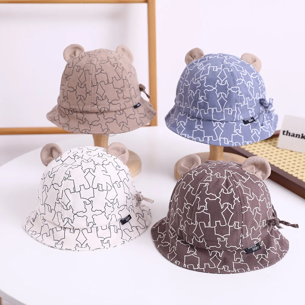 Sombrero con forma de cubo para bebé de 3 a 12M, nueva primavera, sombrero con sombrilla para niños y niñas, bonito estampado de oso de dibujos animados, sombrero de verano para niños al aire libre, gorra de pesca - imagen 2