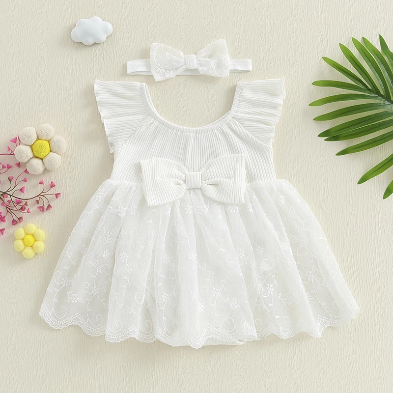 Suefunskry, vestido mameluco de verano para niña, Color sólido, manga mosca, cuello redondo, encaje acanalado, mameluco de retazos con diadema