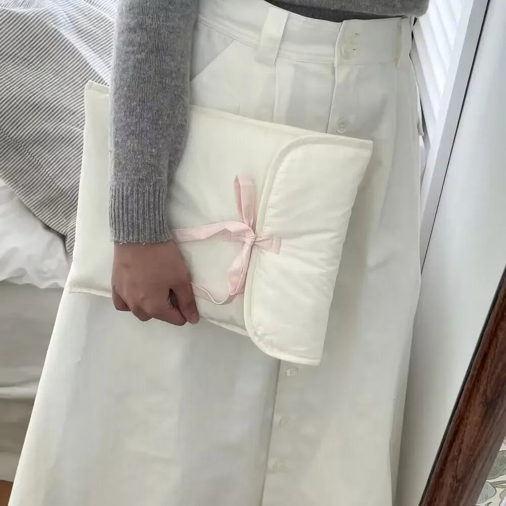 Bolsa de ordenador con nudo de lazo para mujer, bolso de almacenamiento de ordenador para tabletas con lazo negro y rosa, bolsa de almacenamiento de cosméticos de Ballet dulce coreano - imagen 5