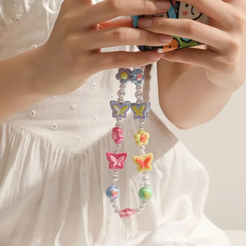 Llavero con colgante de teléfono con cuentas coloridas y mariposas y corazón coreano, accesorios para iPhone, cadena antipérdida, correa de joyería colgante - imagen 4