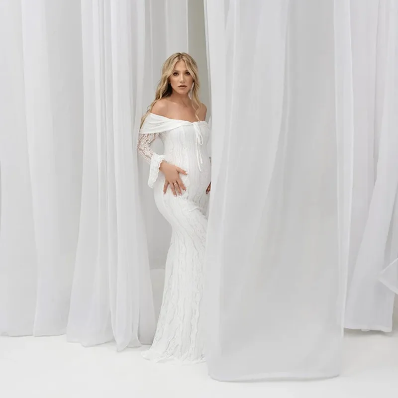Vestido premamá de encaje con hombros descubiertos para baby shower - imagen 3
