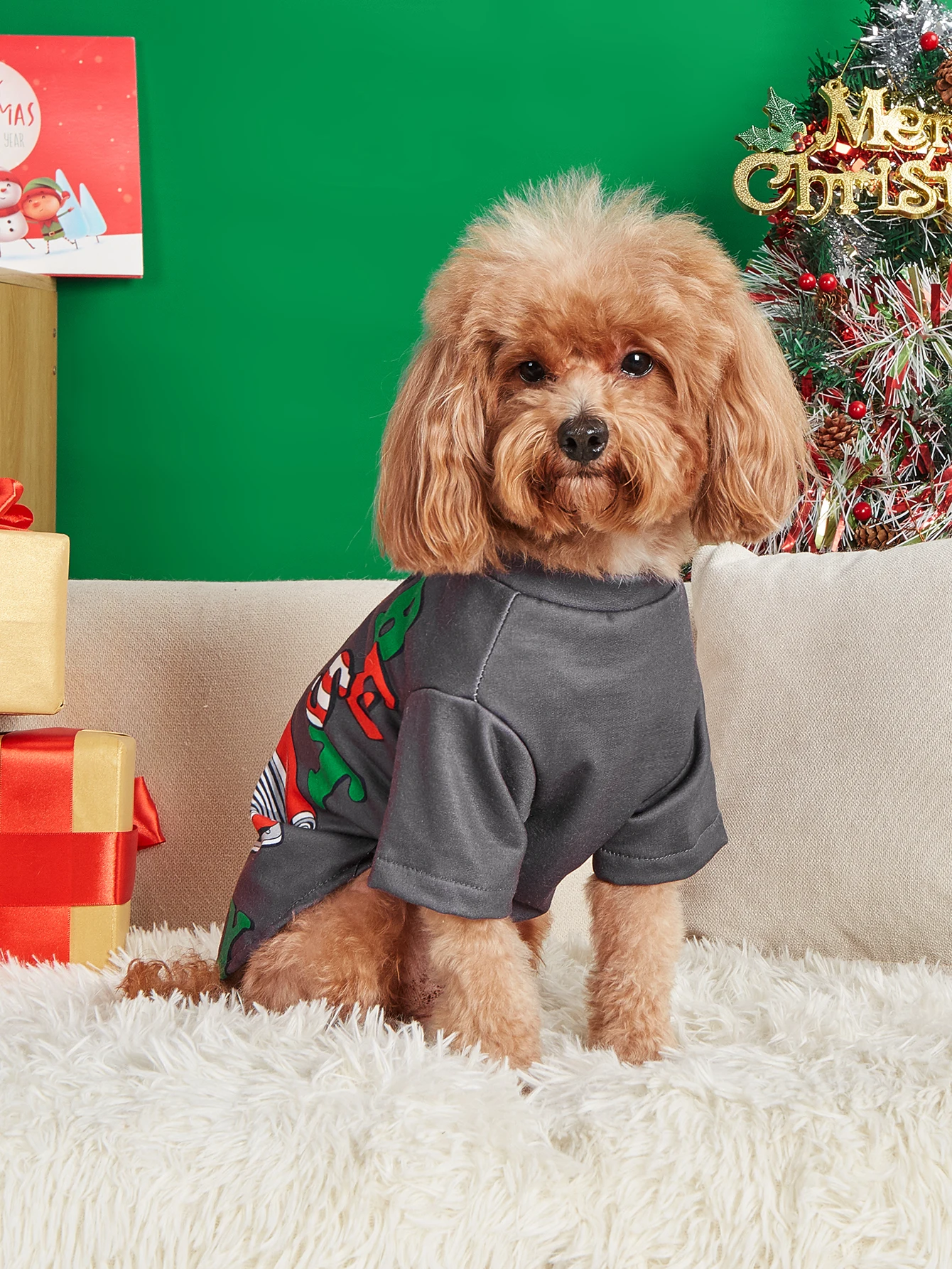 Ropa de perro para perros pequeños, camiseta divertida de Papá Noel, disfraz de alce, pijama de cachorro con patrón de letras de fiesta de latidos - imagen 3