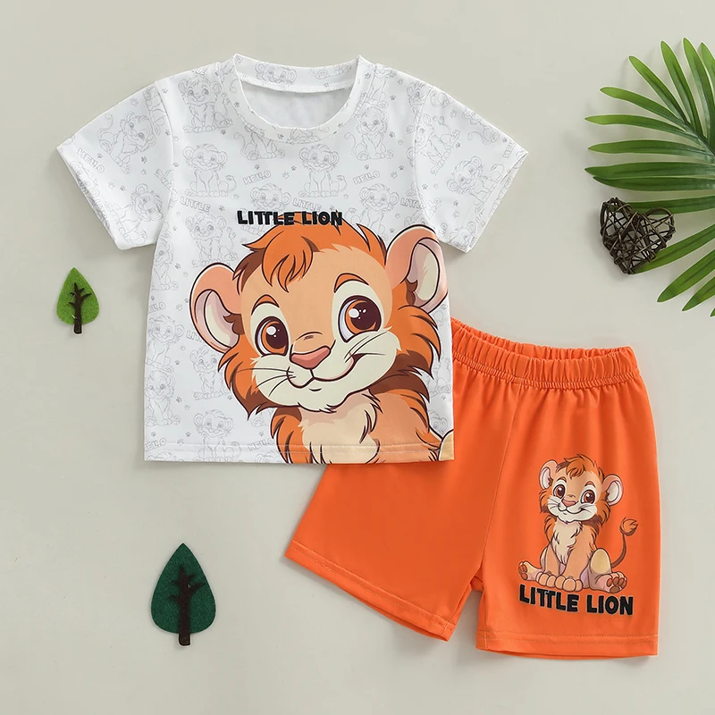 SUNSIOM Conjunto de pantalones cortos para niños con estampado de leones, camiseta de manga corta con pantalones cortos de cintura elástica, conjunto para niños pequeños, traje de verano