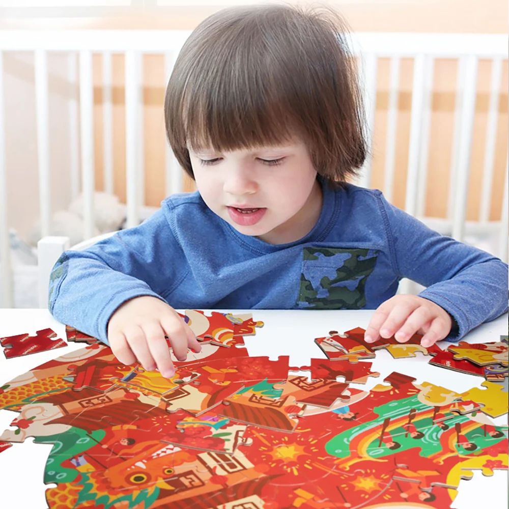 Rompecabezas de dibujos animados de dragón del zodiaco chino para niños, 100 piezas, juguetes educativos de León de Color redondo, regalo para niños - imagen 2
